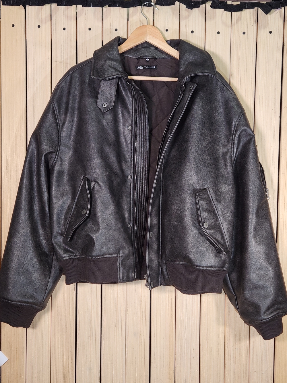 Zara Leather Jacket Bomber Jacket Unisex. Dark Brown